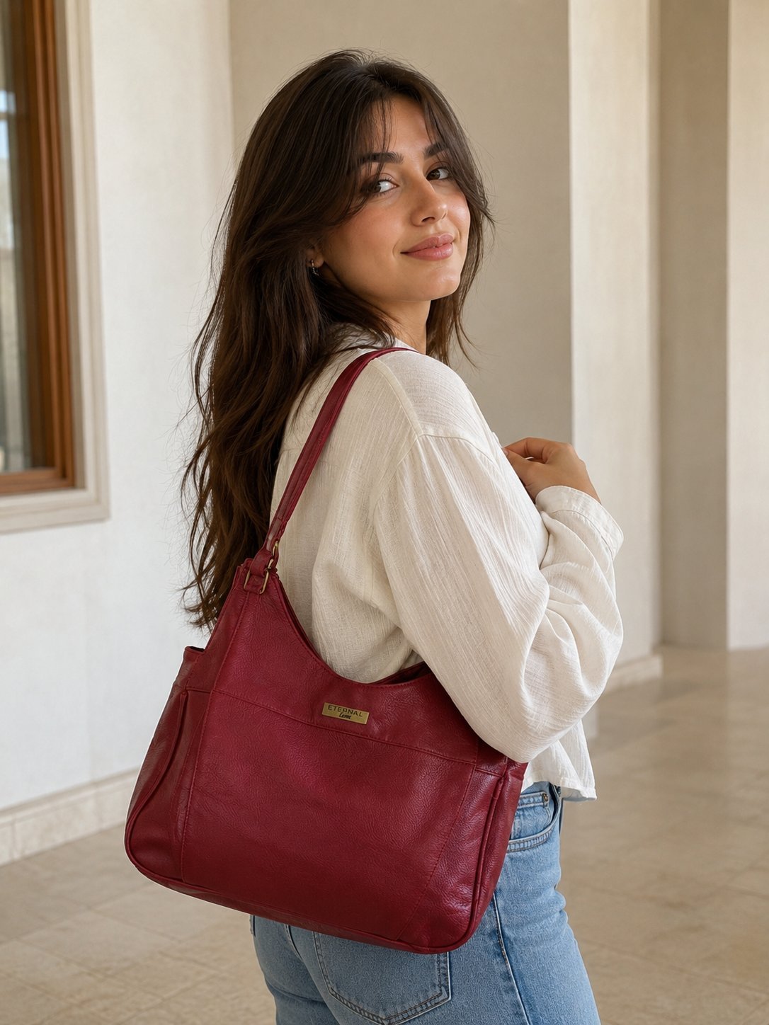 Leather dark red crossbody bag 