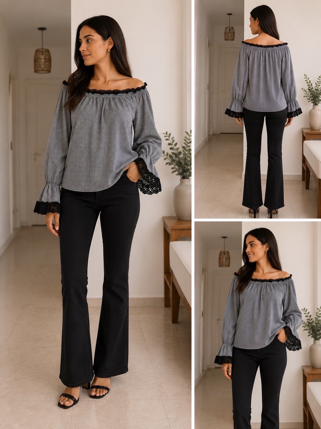 Blouse à carreaux avec détails en dentelle