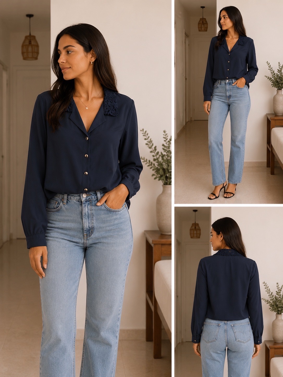 Chemise noire élégante à col en dentelle