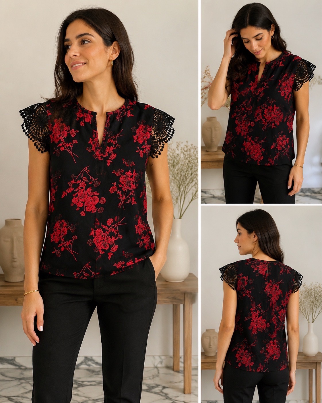 Blouse SHEIN noire à imprimé floral rouge – Taille L