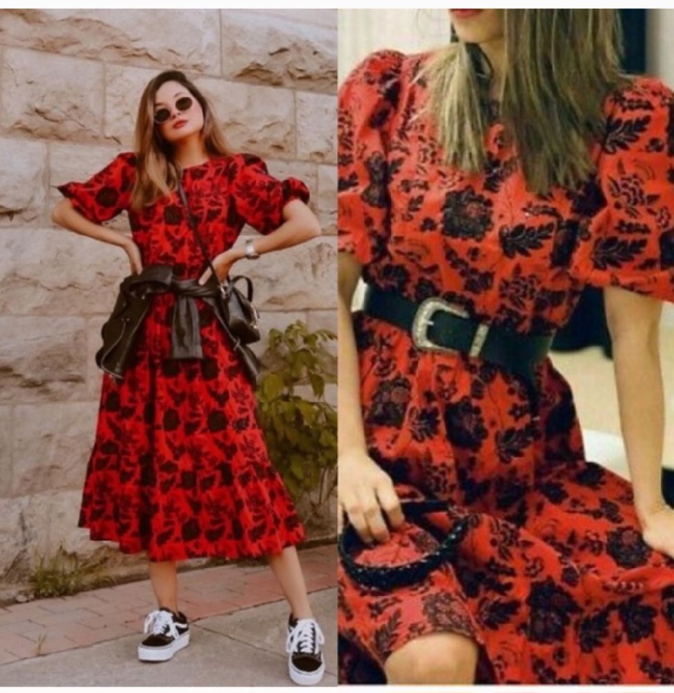 Robe rouge midi zara brodée en noir taille m avec ticket