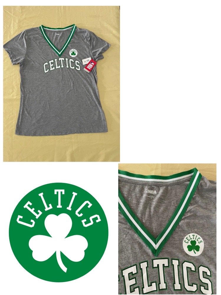 T-shirt NBA col V G-III 4Her pour femme, gris/vert Kelly, avec logo des Boston Celtics.