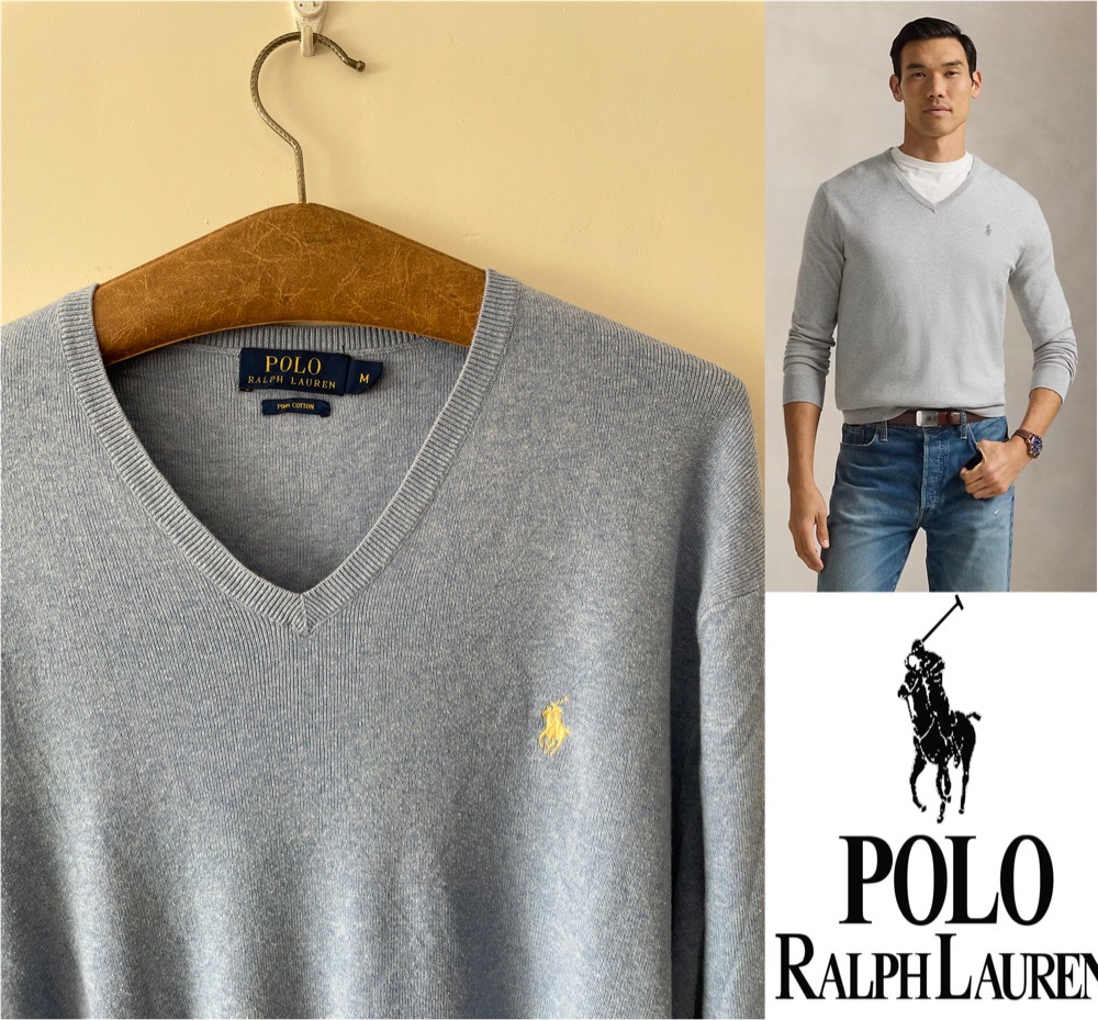 Pull cintré à col en V en coton Polo Ralph Lauren authentique couleur bleu ciel
