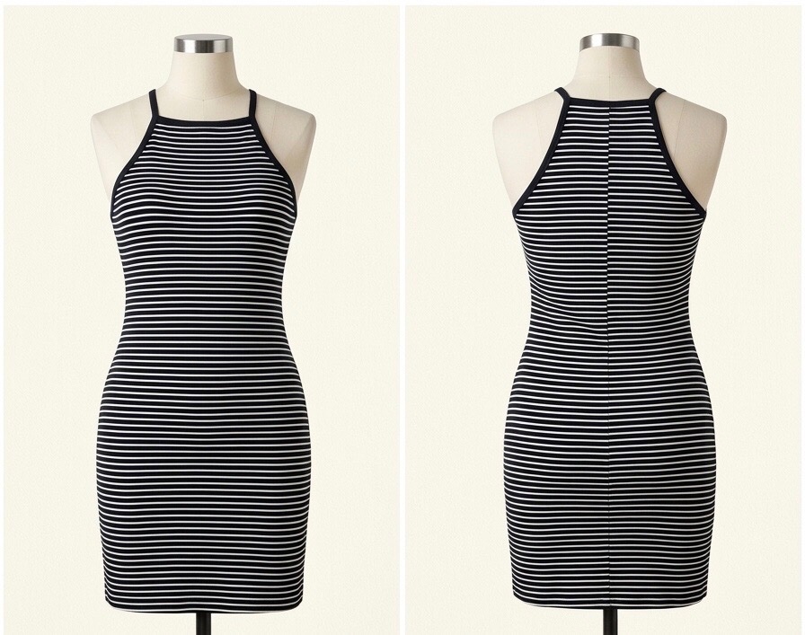 Robe courte moulante à rayures noires et blanches - Col halter