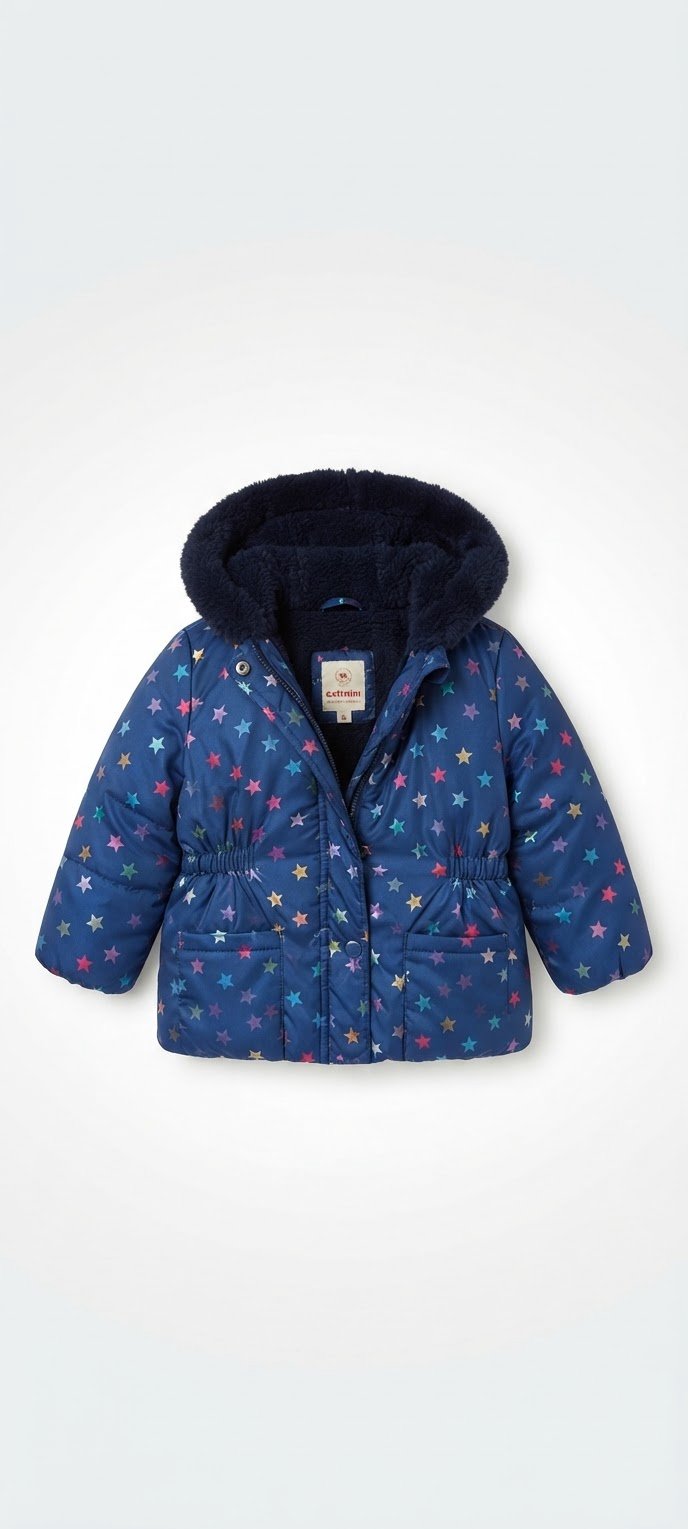 Manteau bleu marine avec des étoiles en couleur bien chaud pour l'hiver avec fourrure à l'intérieur 