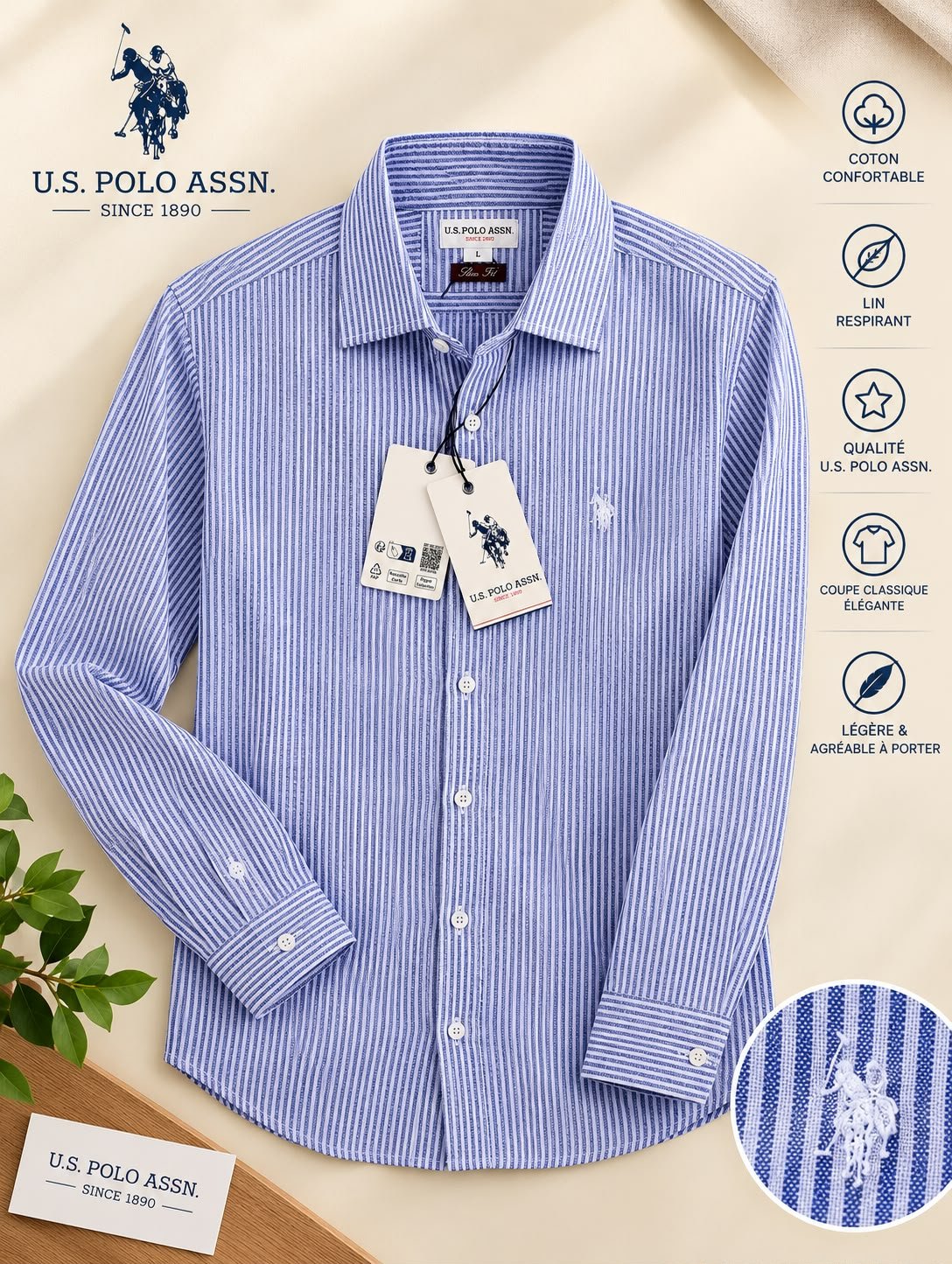 Chemise homme U.S. POLO ASSN. Lin & Coton – Taille L – Neuve