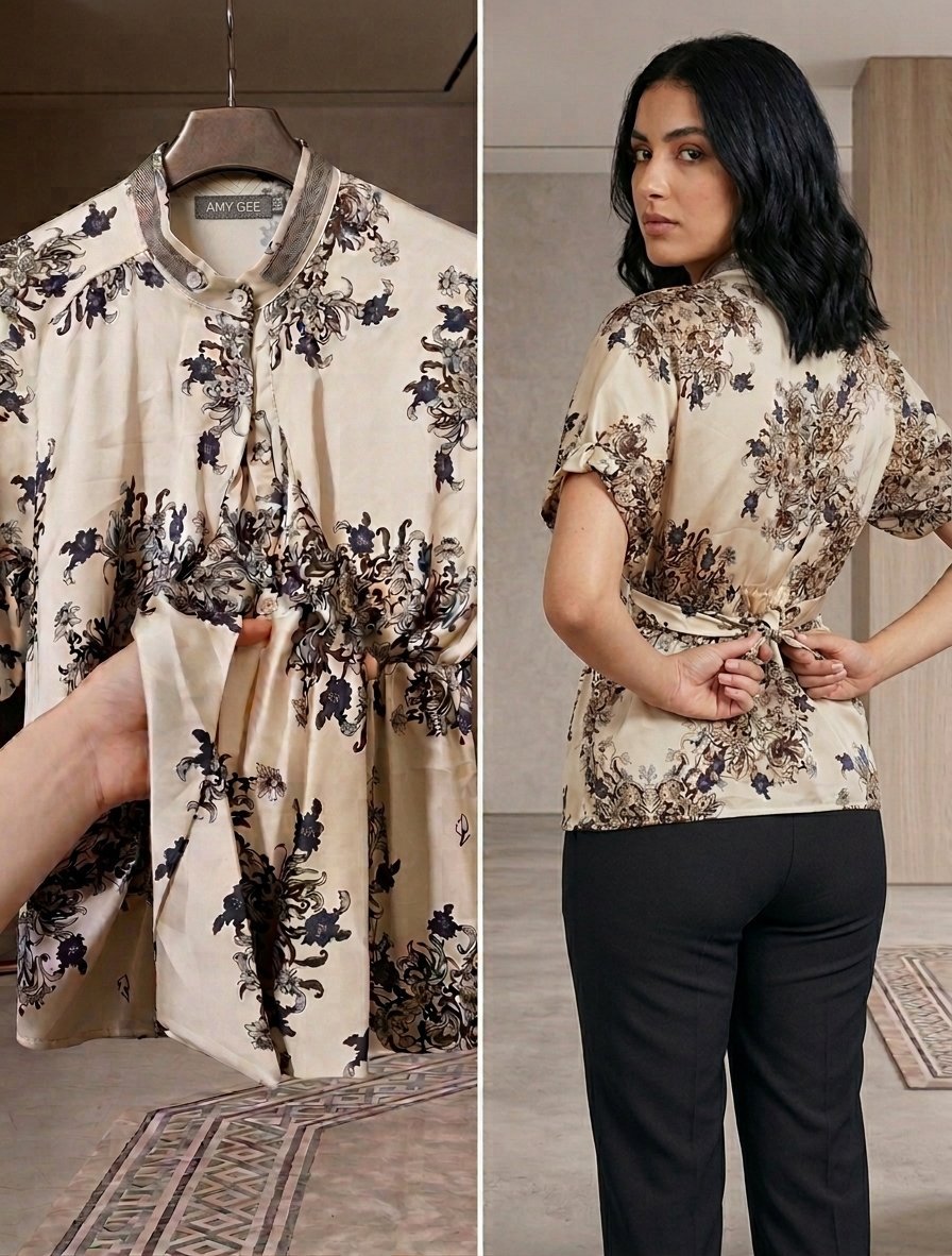 Blouse satinée imprimée à nouer AMY GEE