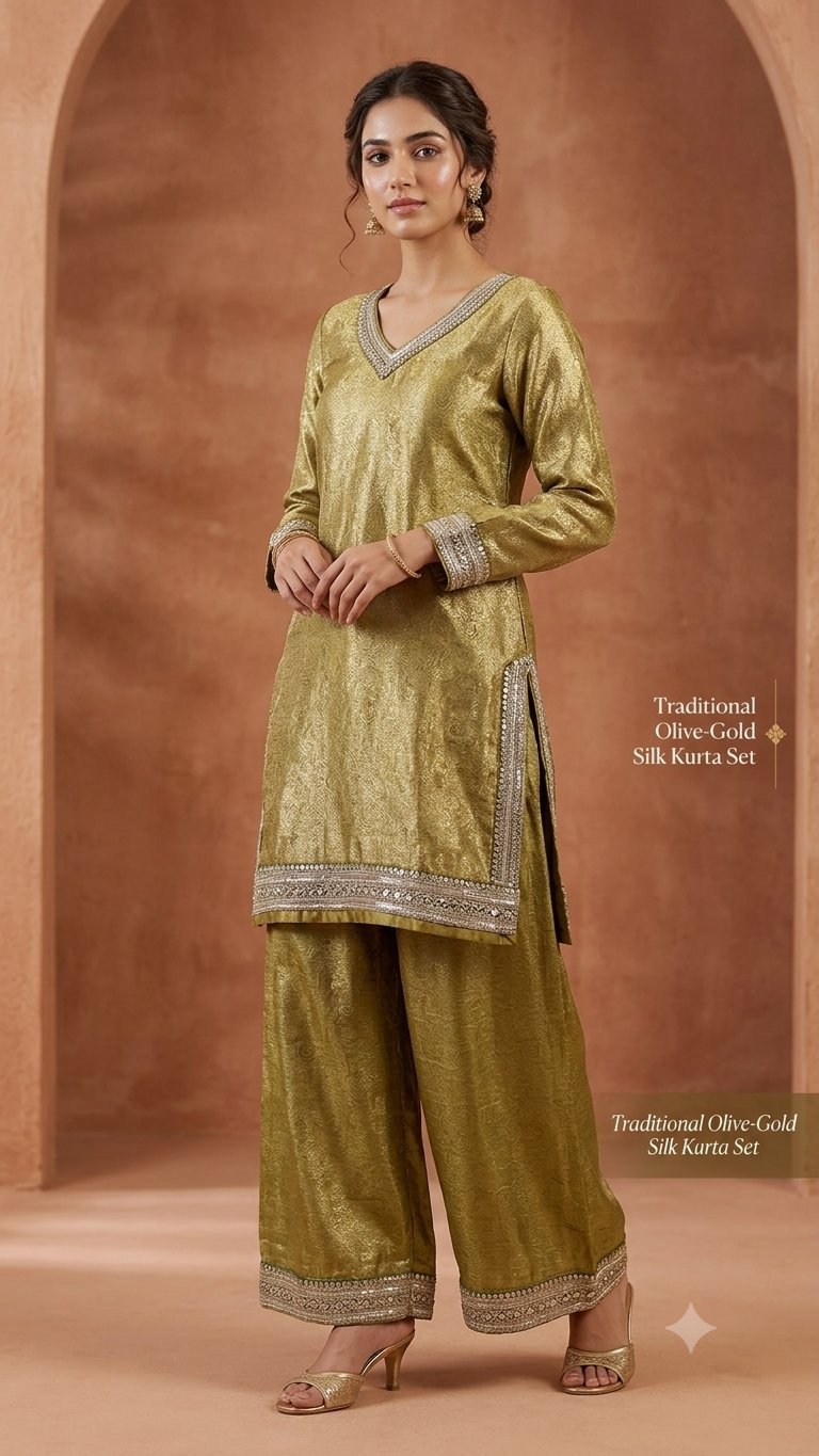 Habit traditionnel indien (Kurta set).      Magnifique ensemble brodé vert olive et or