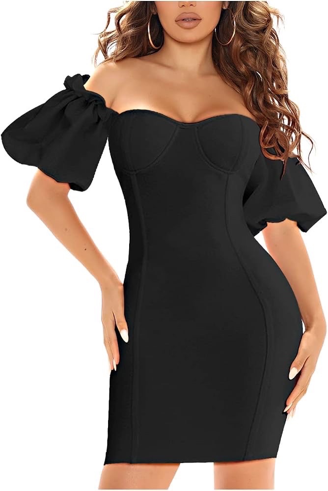 A black puff-sleeve chic corset black dress 