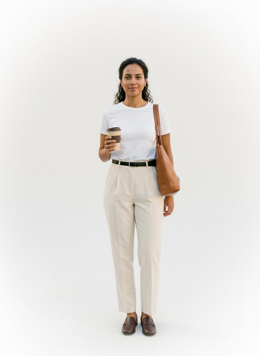Pantalon Vintage Beige Crème - Coupe Droite & Pinces (T46)