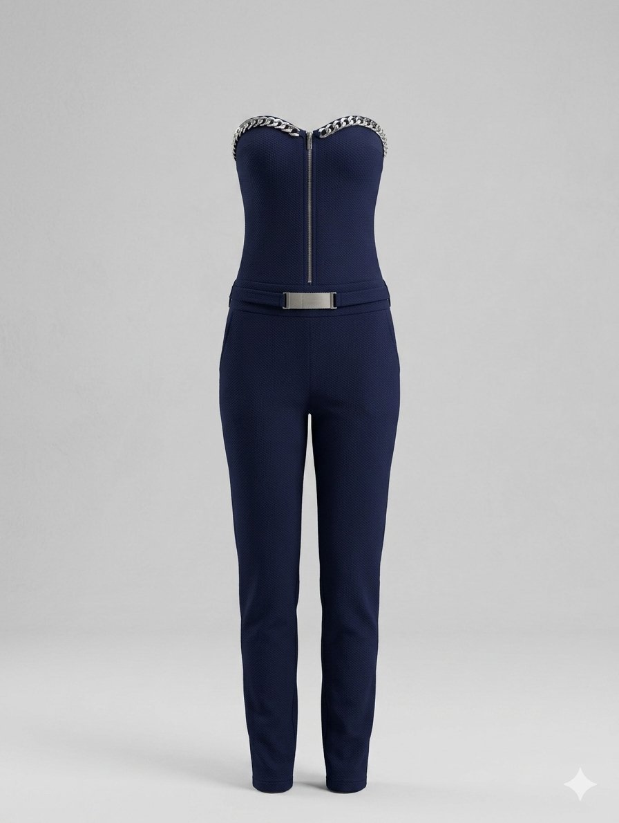 Combi-pantalon bustier bleu marine avec détails chaîne et ceinture 