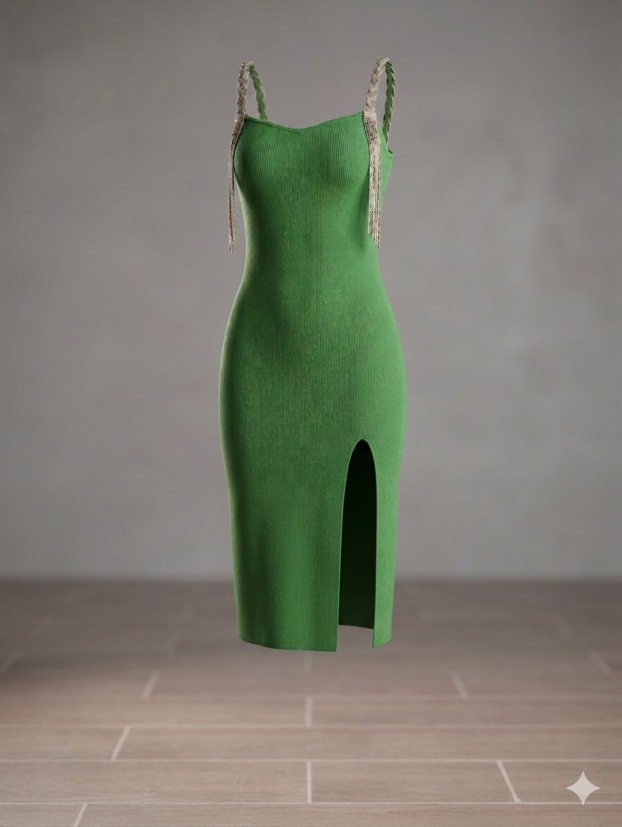 Robe midi verte avec bretelles bijoux 