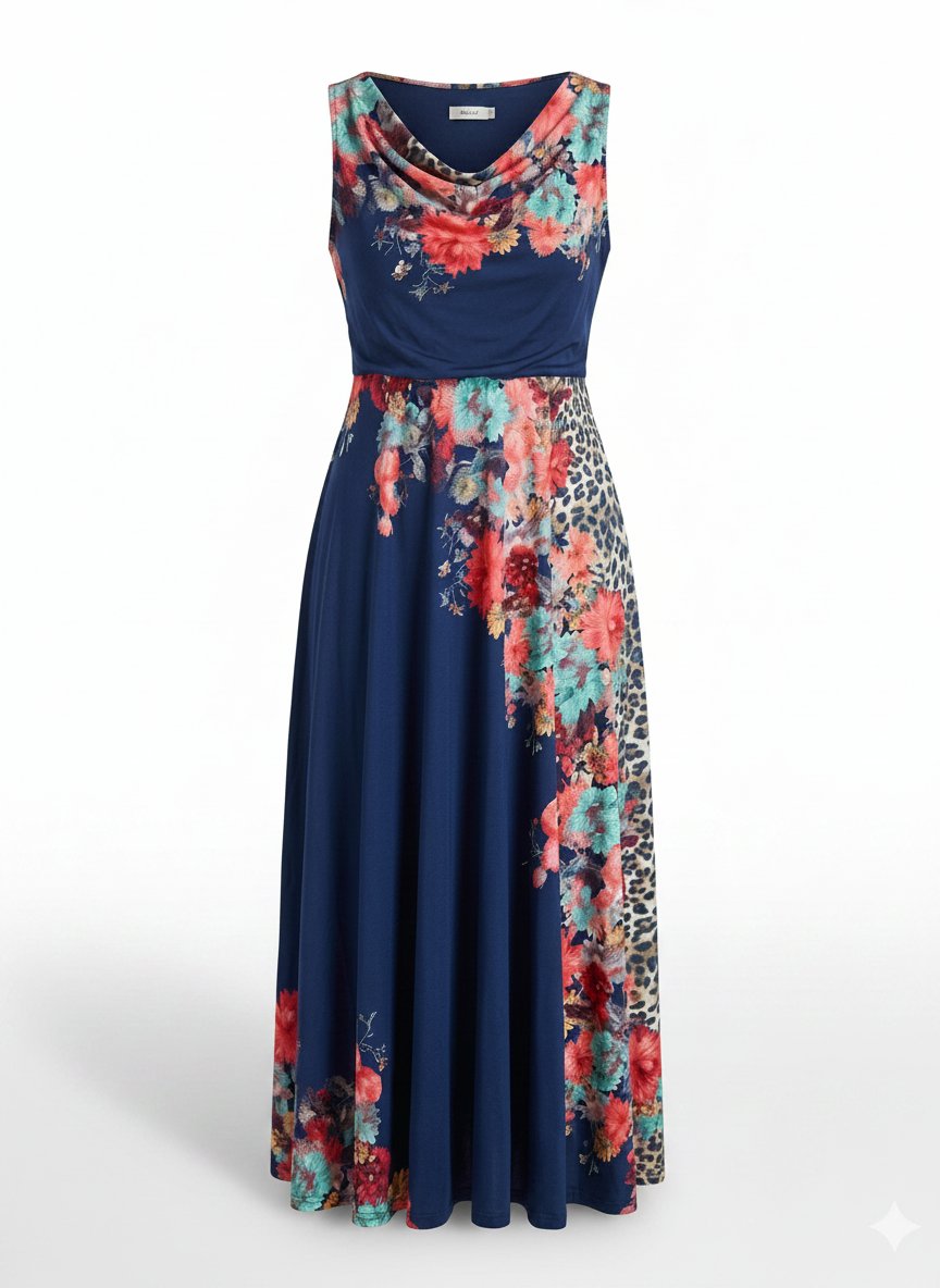 Robe longue fluide bleue – Motifs floraux et léopard