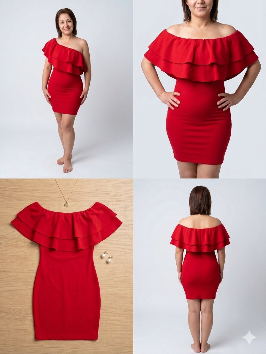 Robe rouge moulante à volants (Épaule dénudée)