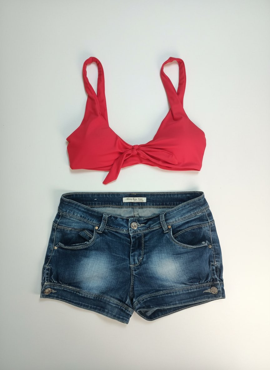 Lot haut de maillot rouge et short jeans taille L