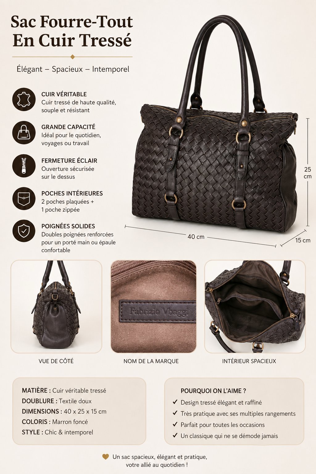 Sac en véritable cuir marron chocolat 