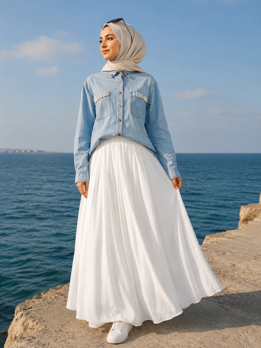 Chemise femme jeans d'été avec perle mentionné taille 50 mais telebes 44 et 46