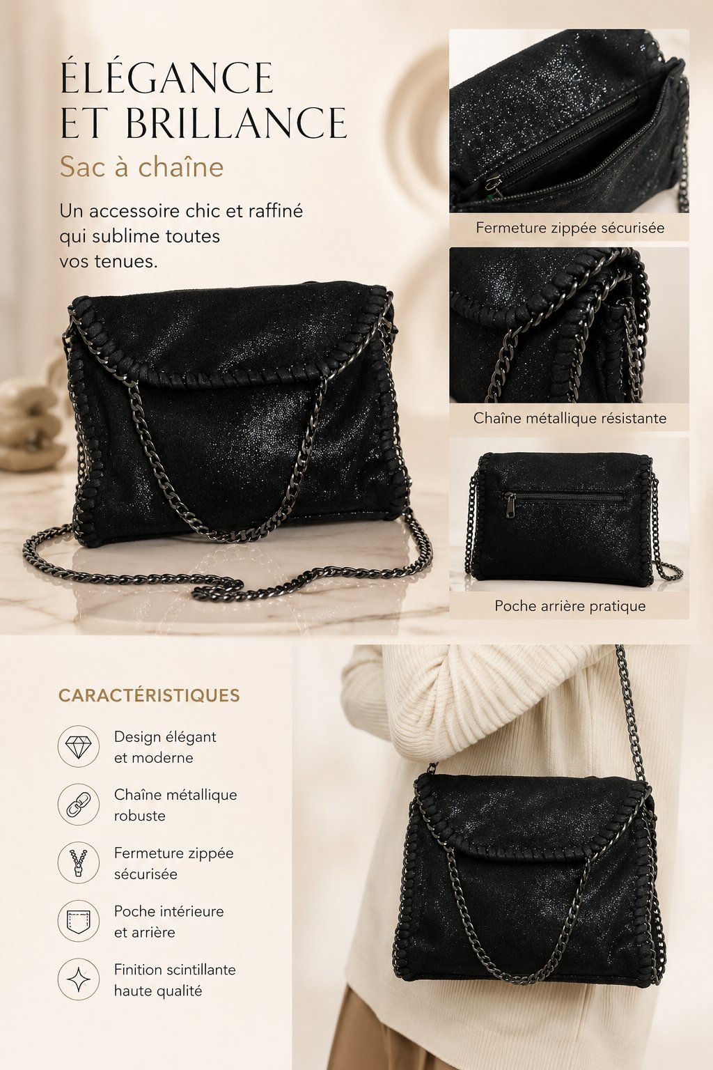 Sac noir à chaîne argent stylé 