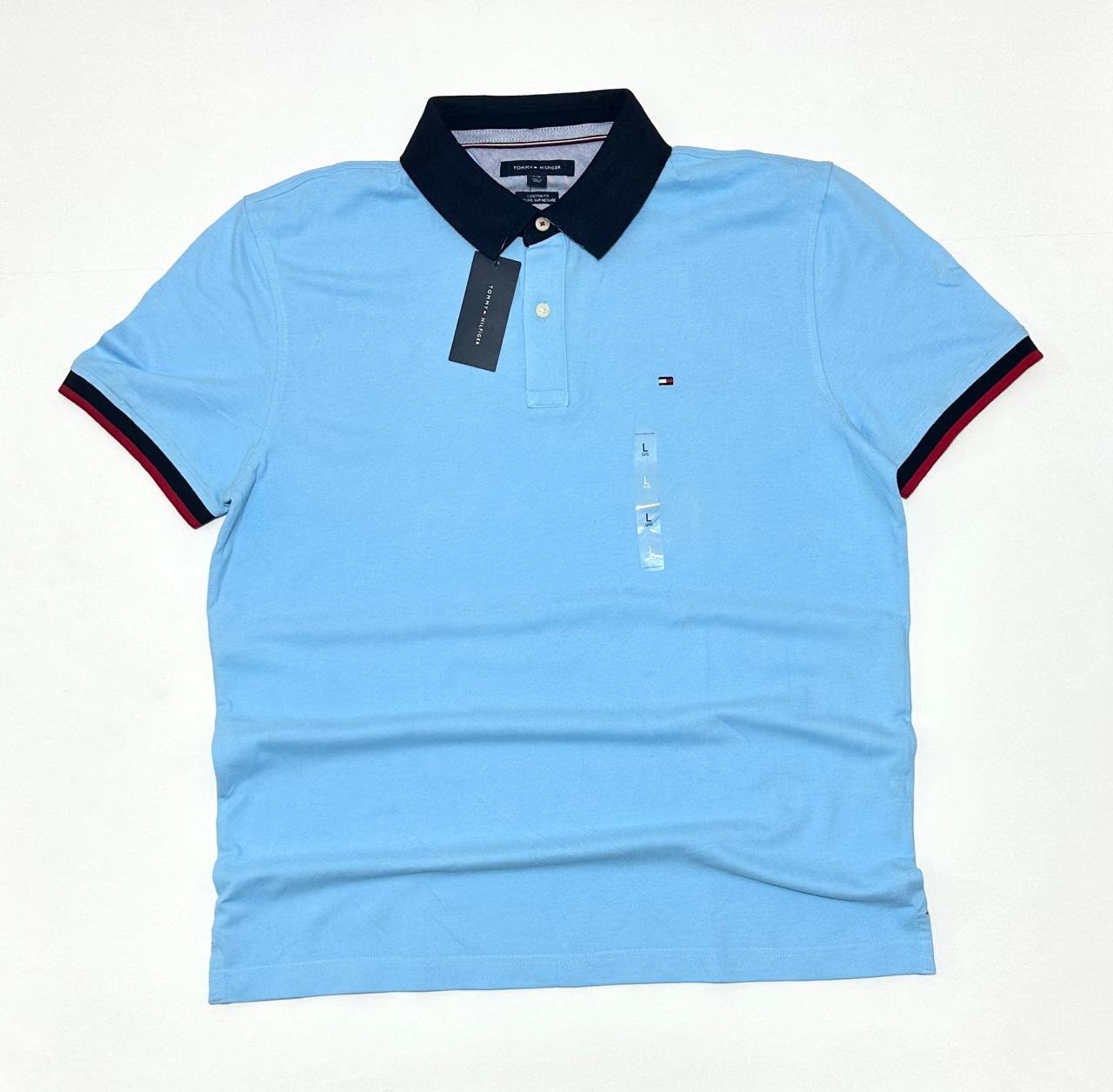 Polo Tommy Hilfiger Bleu Ciel - Col Marine & Finitions Rayées (Neuf avec étiquette)