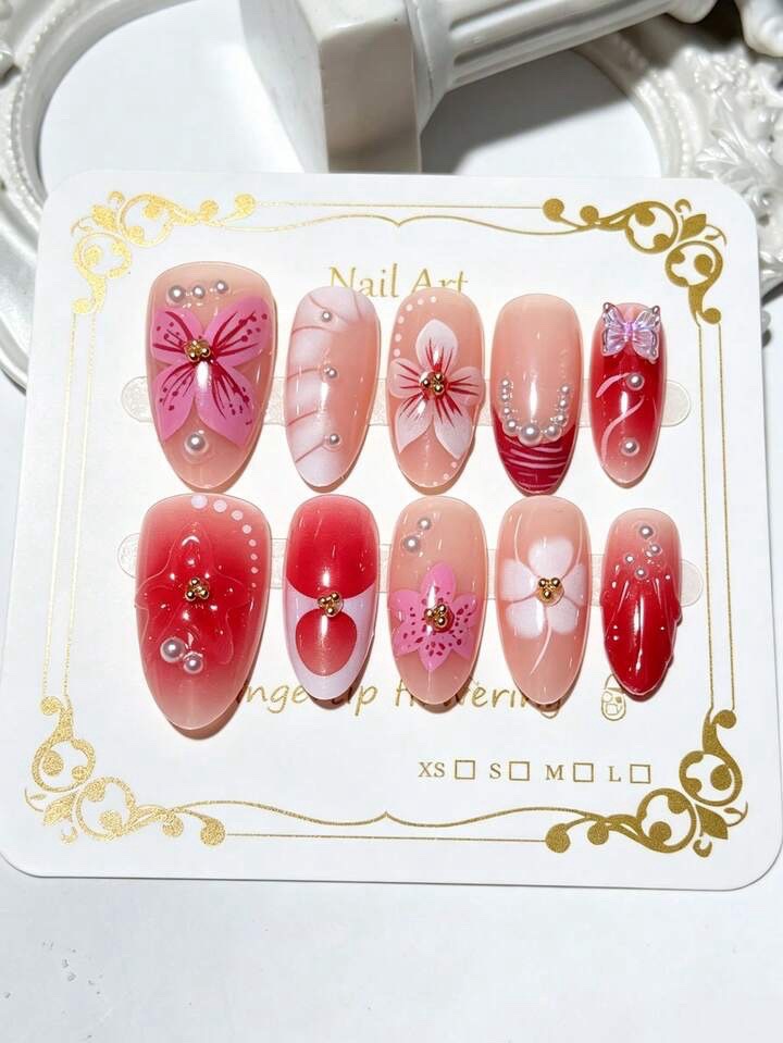 Faux ongles Y2K fleuris – Forme amande moyenne 