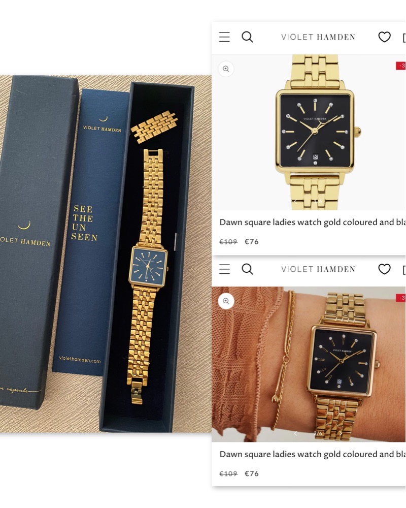 Montre neuve importée 🇫🇷 dorée avec cadran carré noir VIOLET HAMDEN