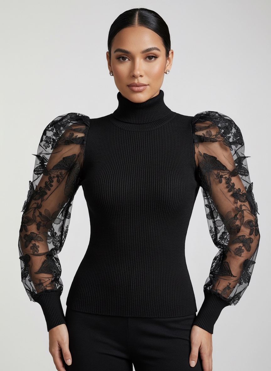 Pull côtelé noir manches en tulle brodé SHEIN – Taille 2XL (48)