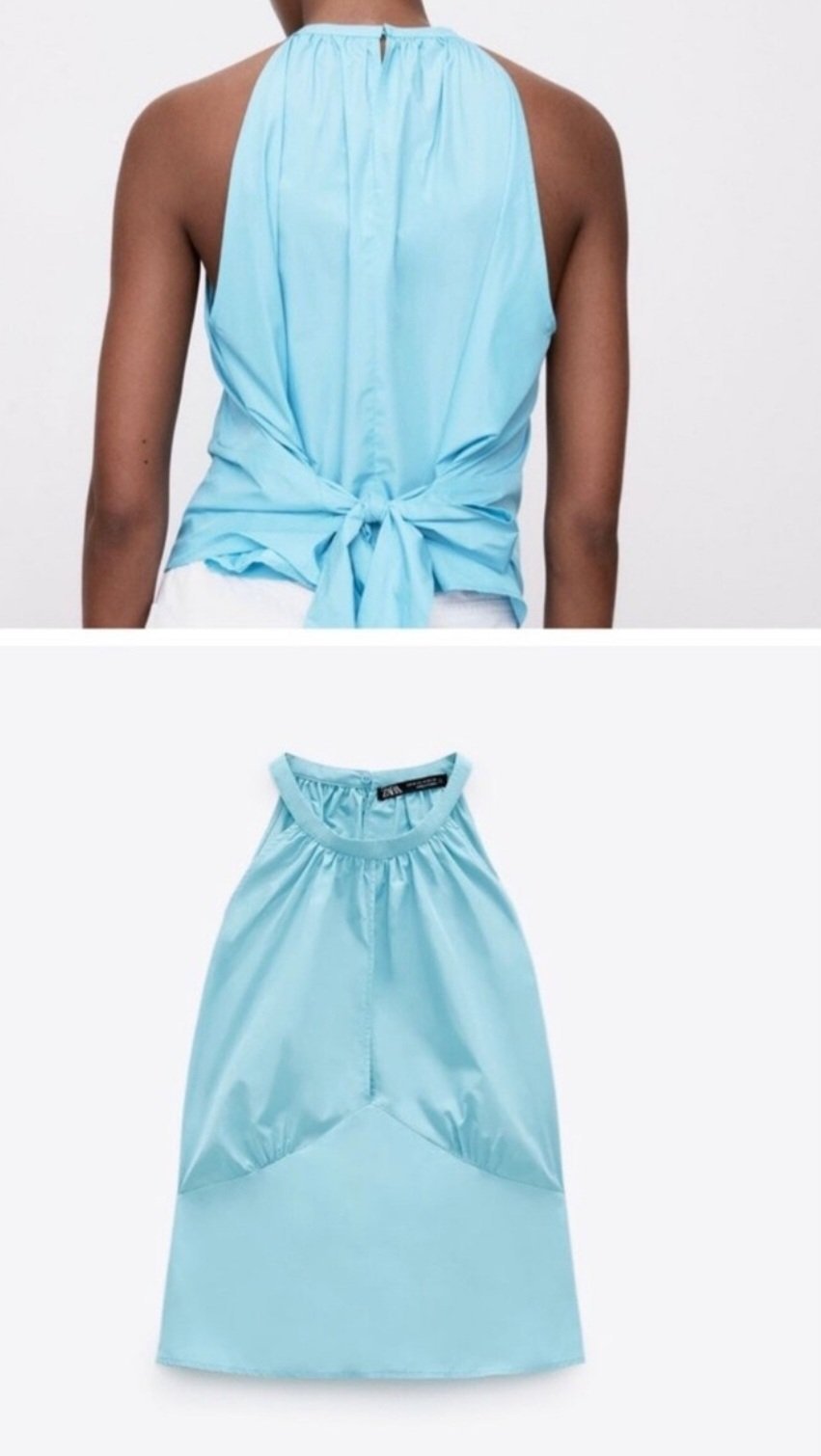 Chemisier zara taille S bleu clair sans manches à col licou avec une fente sur le devant et un dos noué