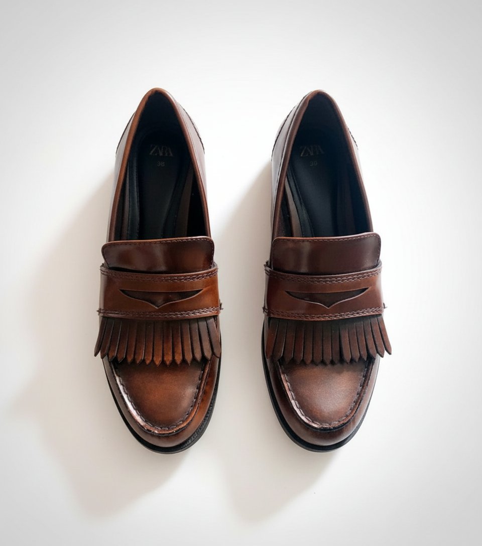 Mocassins en cuir marron avec des franges, de la marque Zara