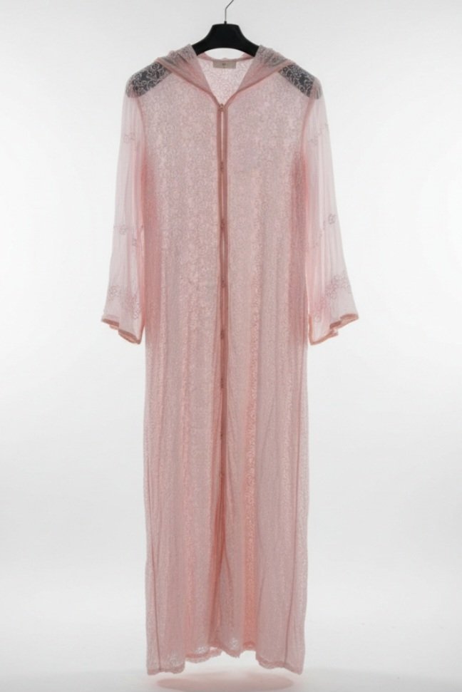 Magnifique caftan brodé transparent avec capuche 