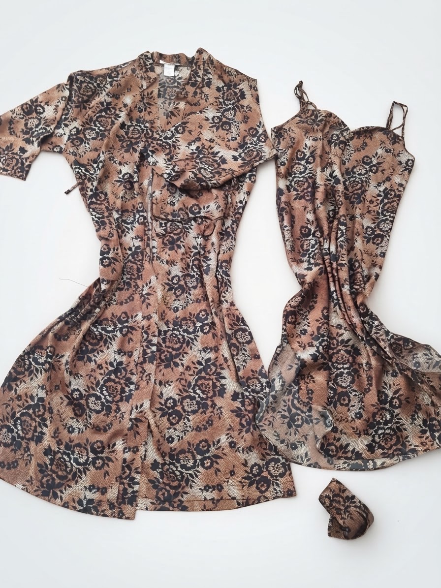 Élégant ensemble de nuit en satin à motif floral noir et brun Taille M