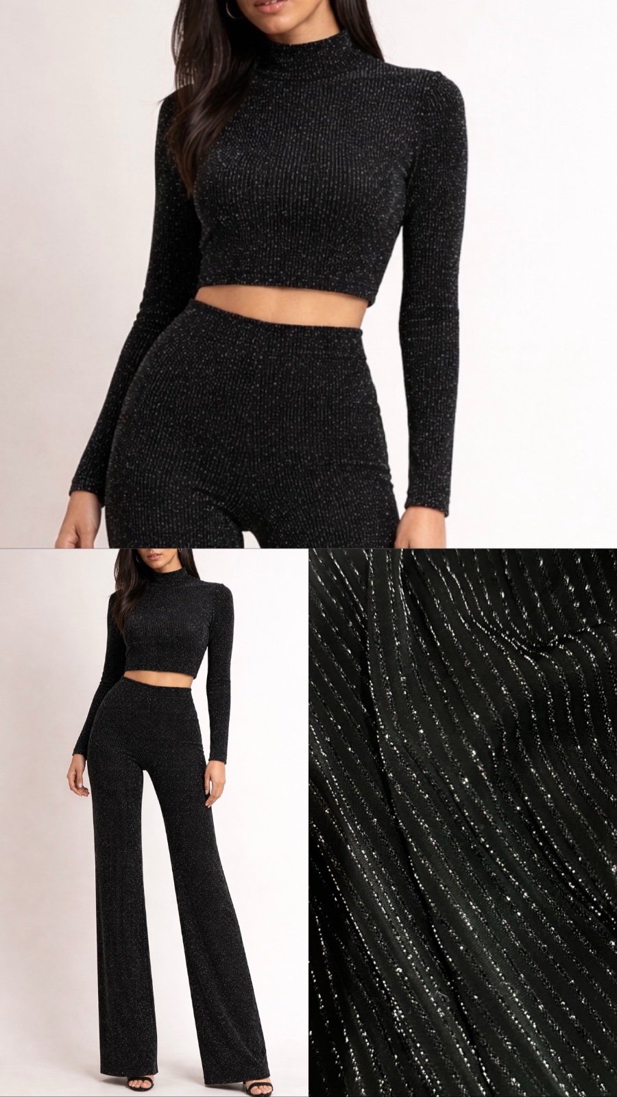 Ensemble noir brillant élégant – Top ajusté & Pantalon long