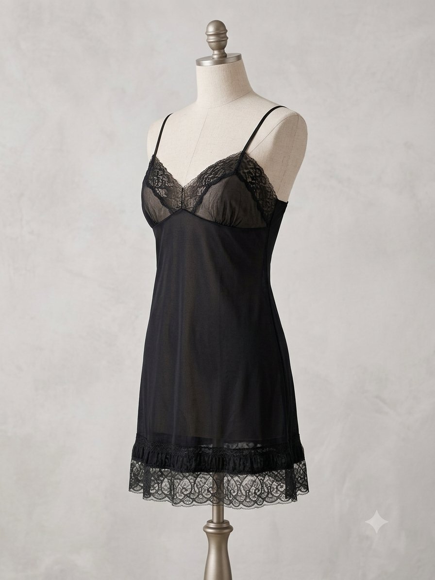 🖤 Nuisette / Combinette Vintage en Nylon Noir & Dentelle – Années 60/70 (Snia Lilion)