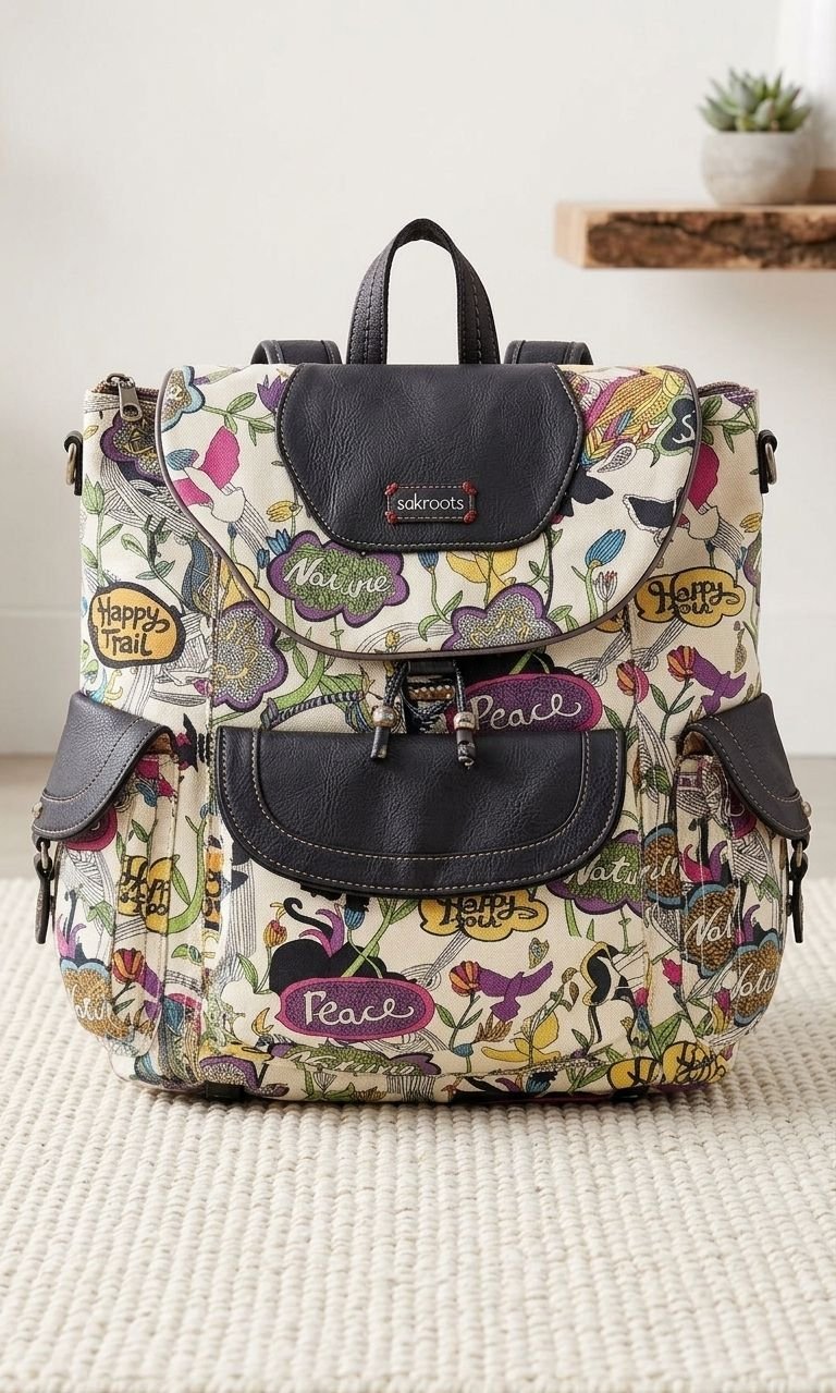Un sac à dos Sakroots Flap Backpack au design artistique coloré avec des motifs floraux et des messages de paix