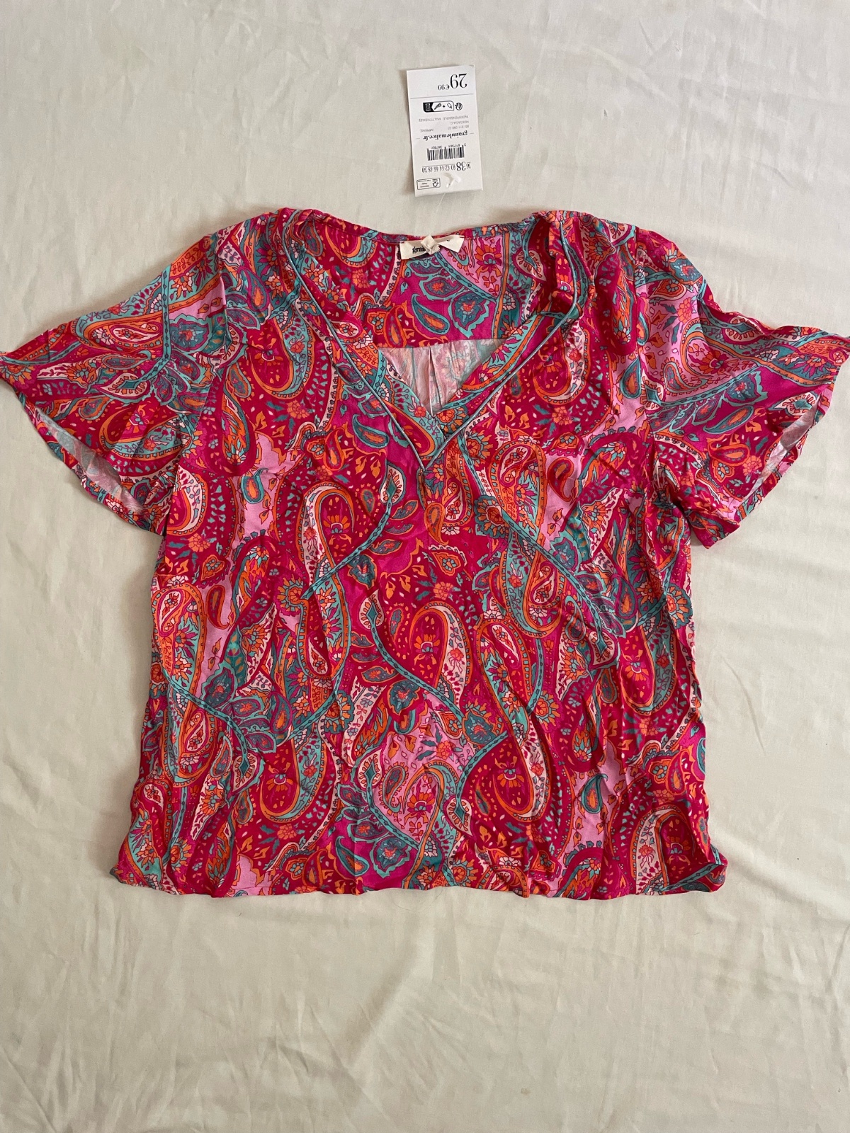 Blouse paisley colorée manches volantées — taille 38 — neuve avec étiquette