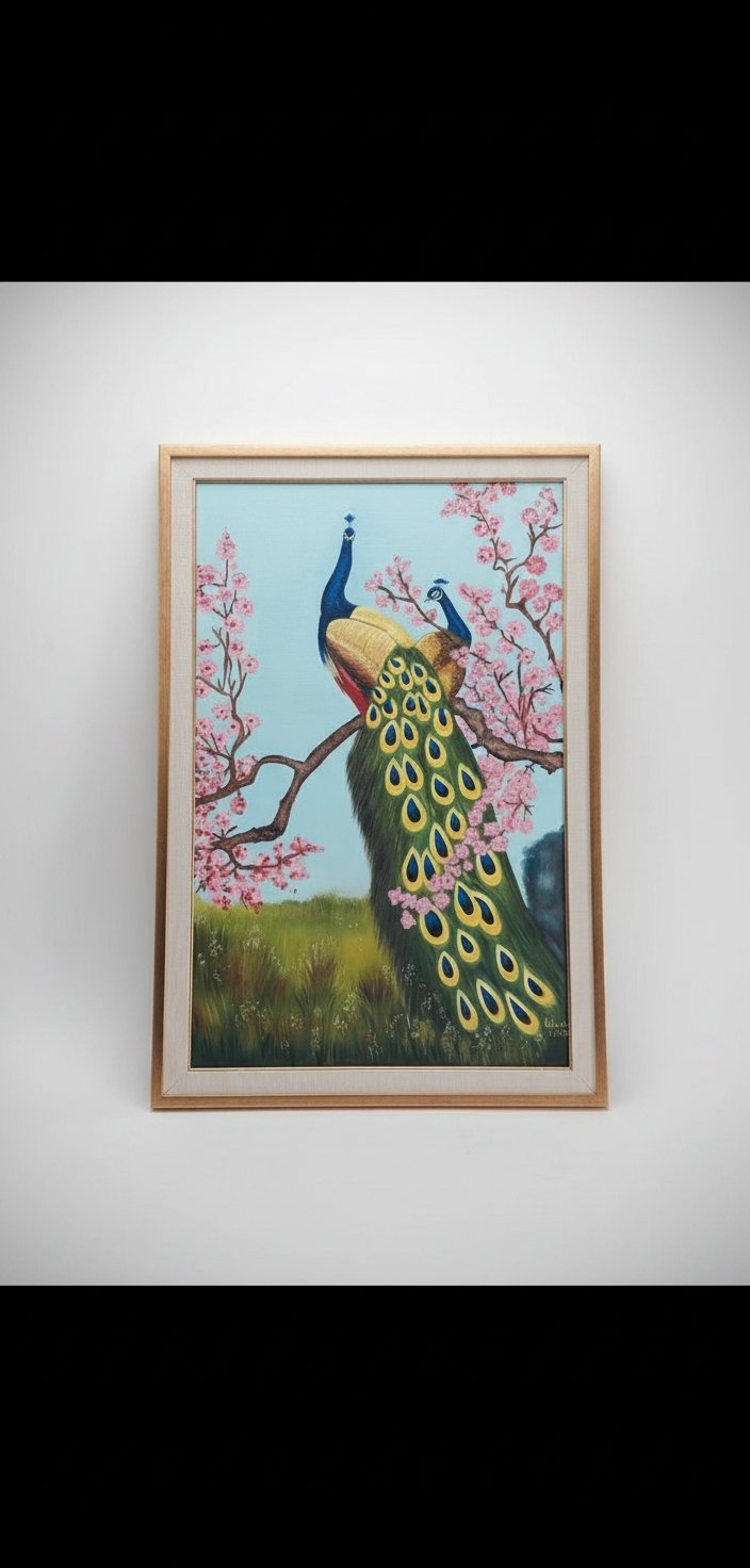 Peinture sur Toile Paons Royaux – Style Japonisant – Cadre Doré