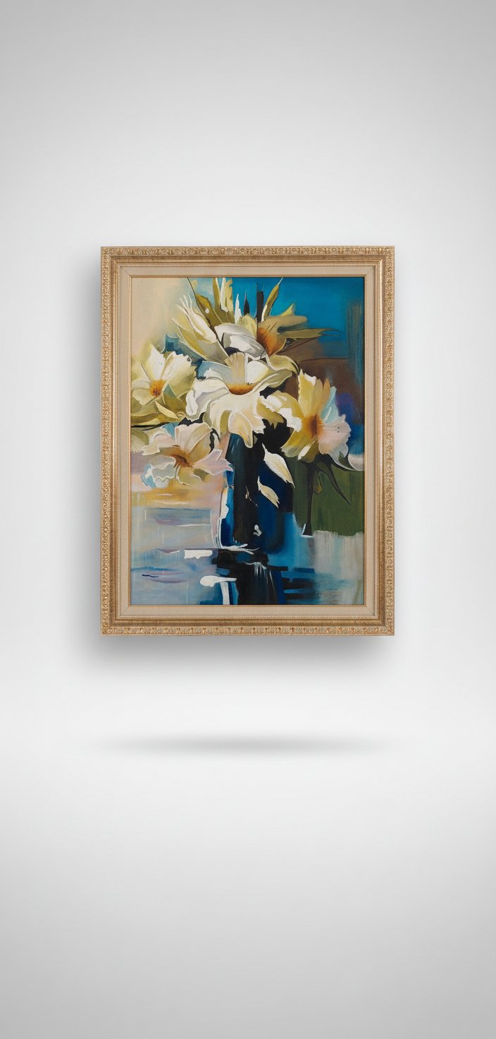 Peinture Florale Contemporaine – Huile sur Toile – Tons Bleu & Or 