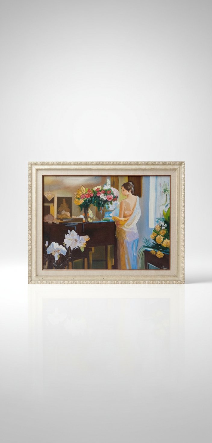 Magnifique Tableau à l'Huile – Scène Romantique au Piano