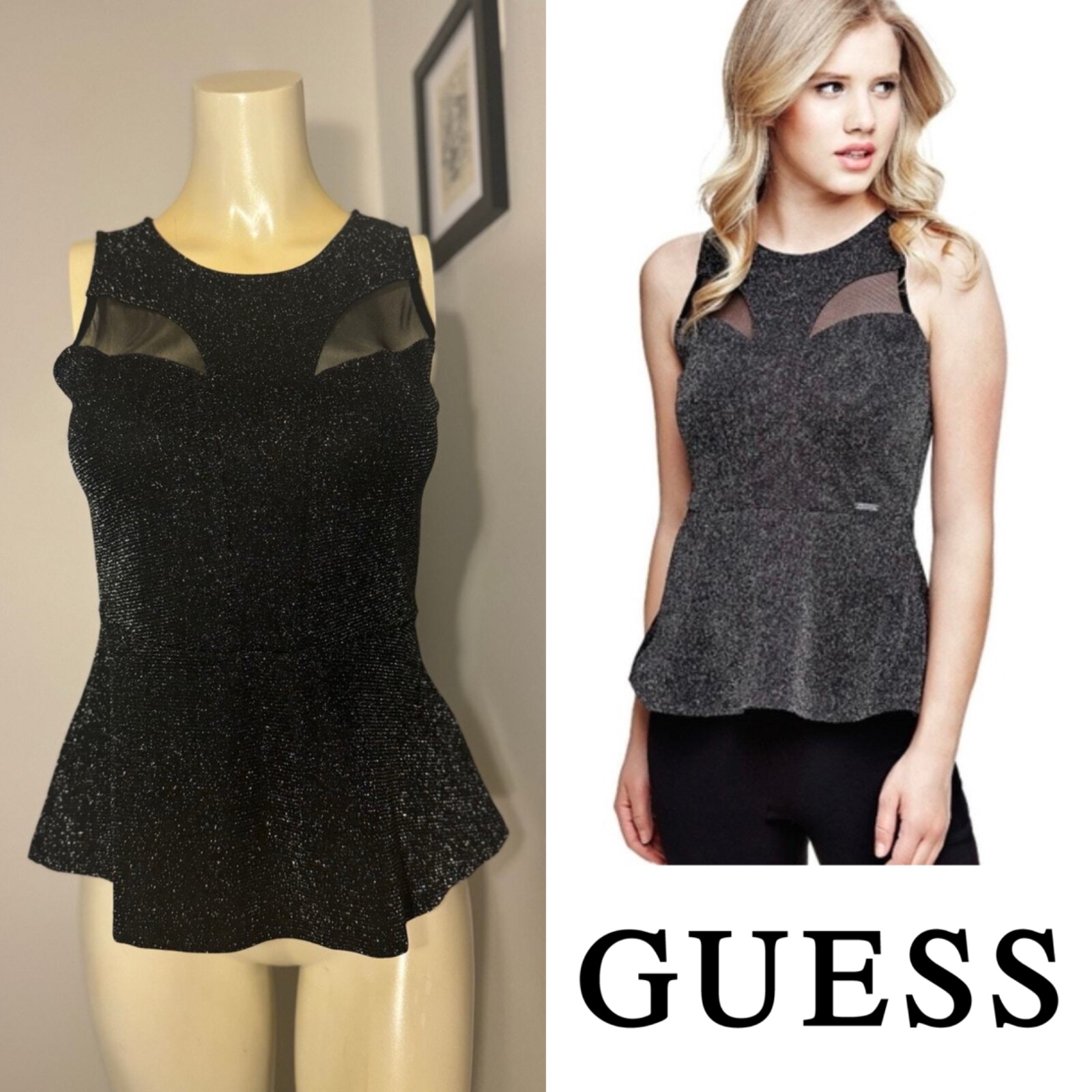 Haut Peplum GUESS Noir Scintillant avec Détails Transparents