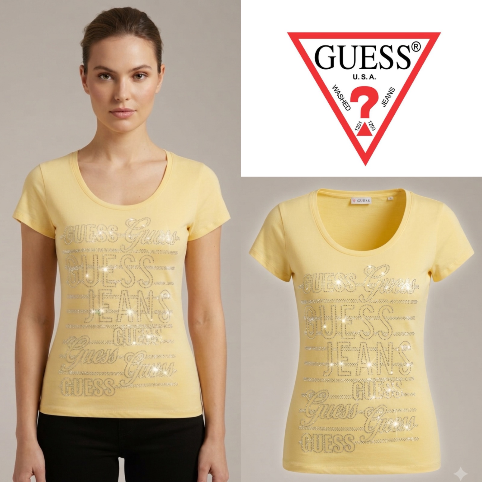 T-shirt jaune Guess avec strass