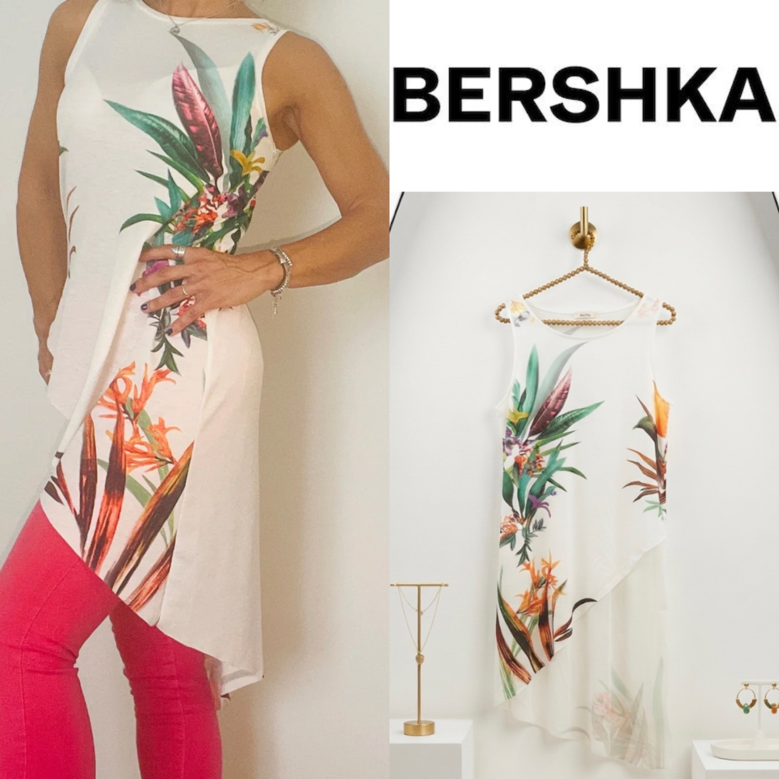 T-shirt asymétrique imprimé tropical -Bershka-