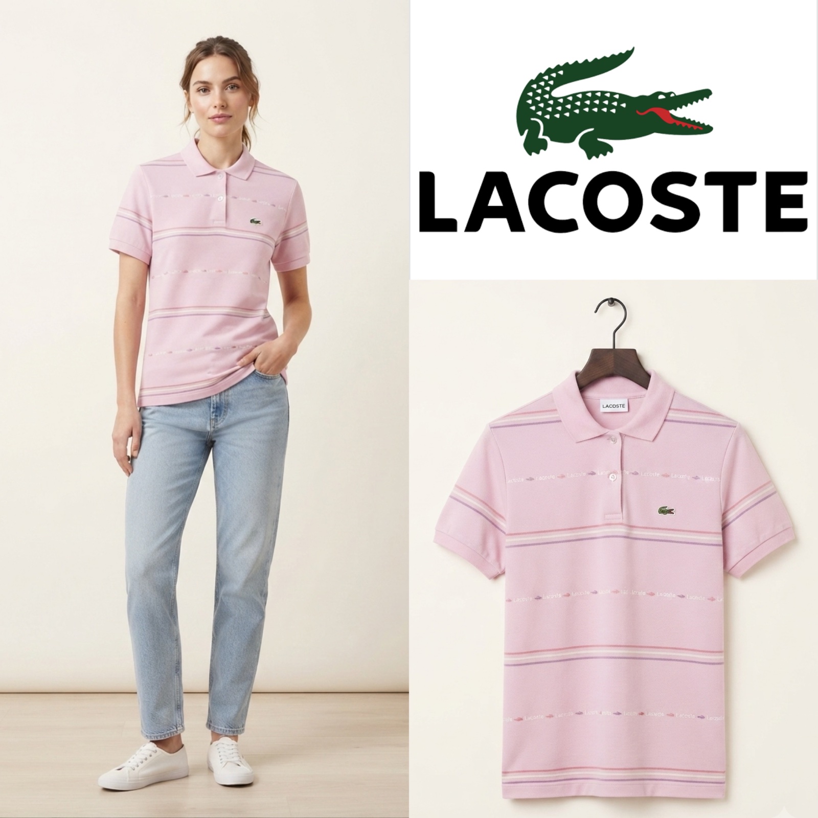 Polo Lacoste rose rayé – Style rétro & élégant 🌸🐊
