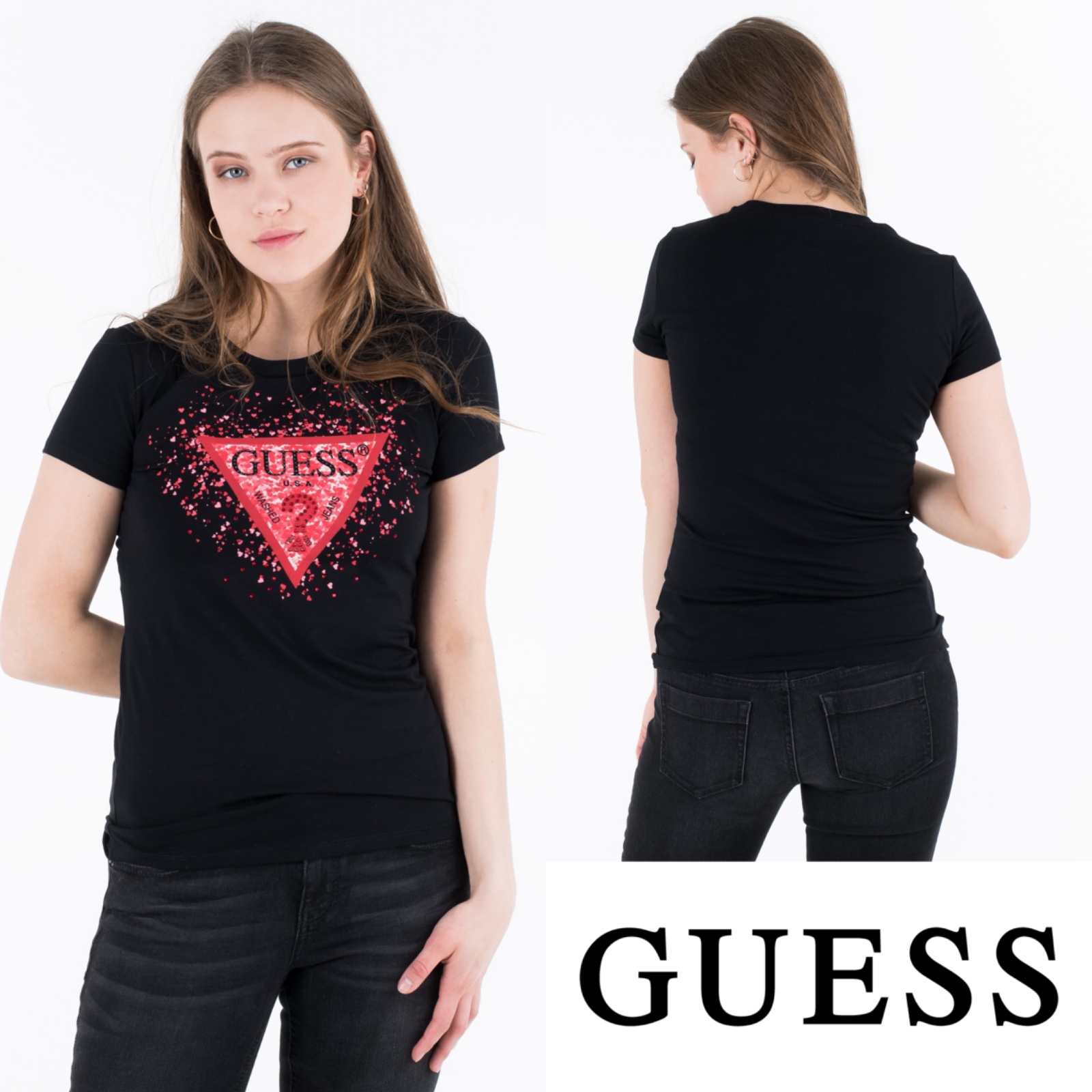 T-shirt noir GUESS avec logo strass et cœurs
