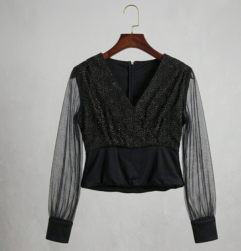 ​Haut de Soirée Noir à Paillettes - Manches Tulle - Taille S/M