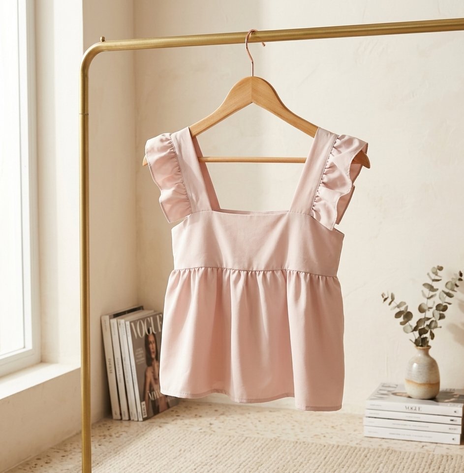 Haut babydoll rose poudré à volants – Taille L – Neuf/Très bon état