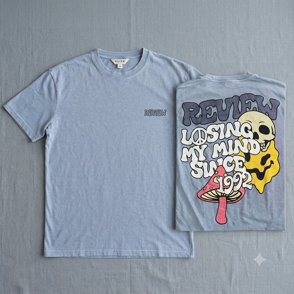 T-shirt bleu "Review" - Motif Vintage (Taille M)
