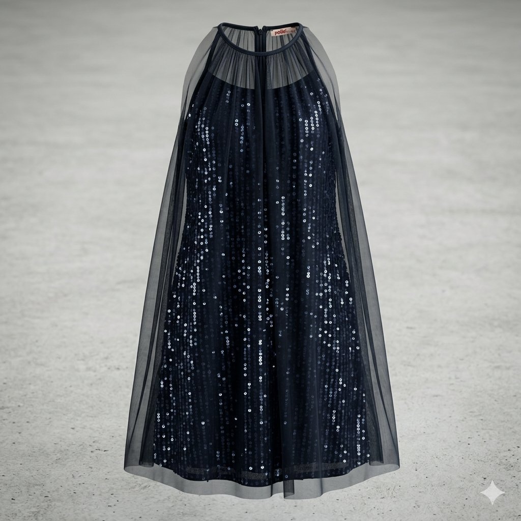 Robe de soirée noire Polin avec sequins et tulle transparent ✨