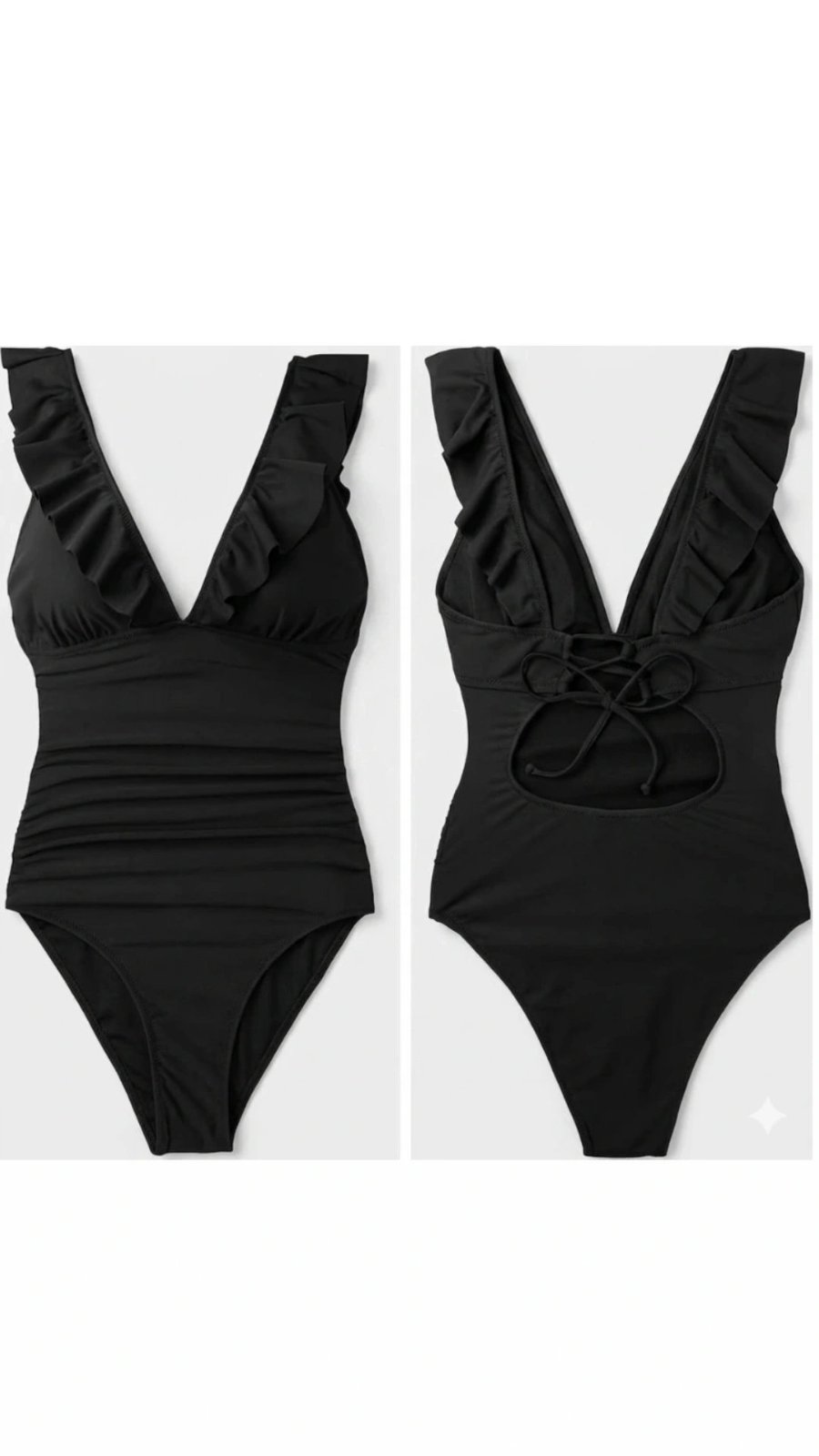Maillot de bain noir élégant – Volants & Dos lacé – Taille 40