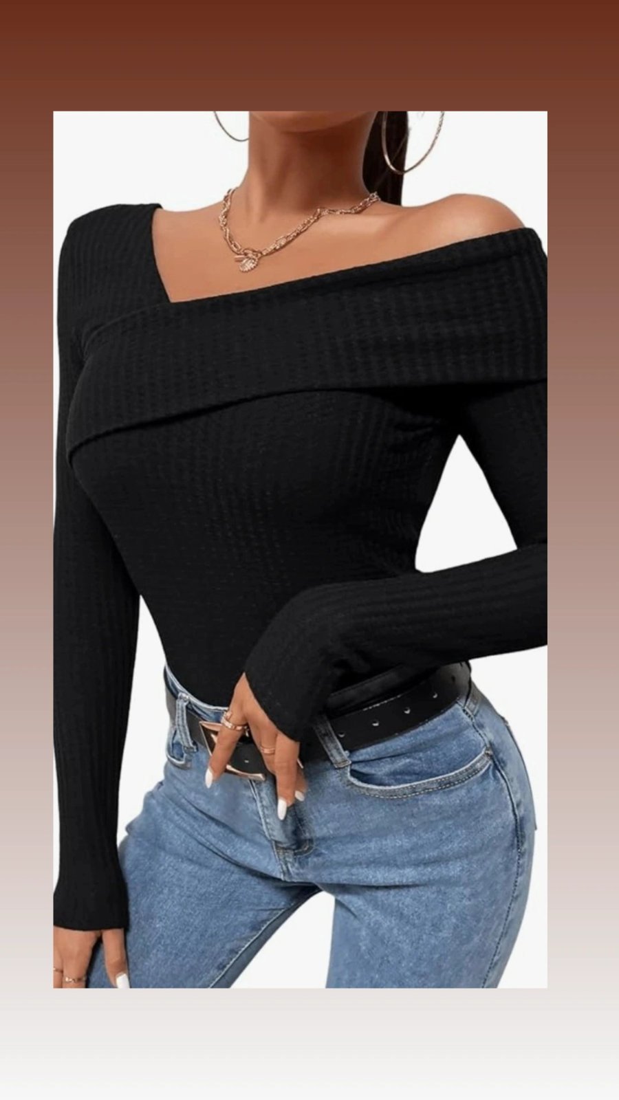 Body noir asymétrique en maille côtelée – Manches longues 