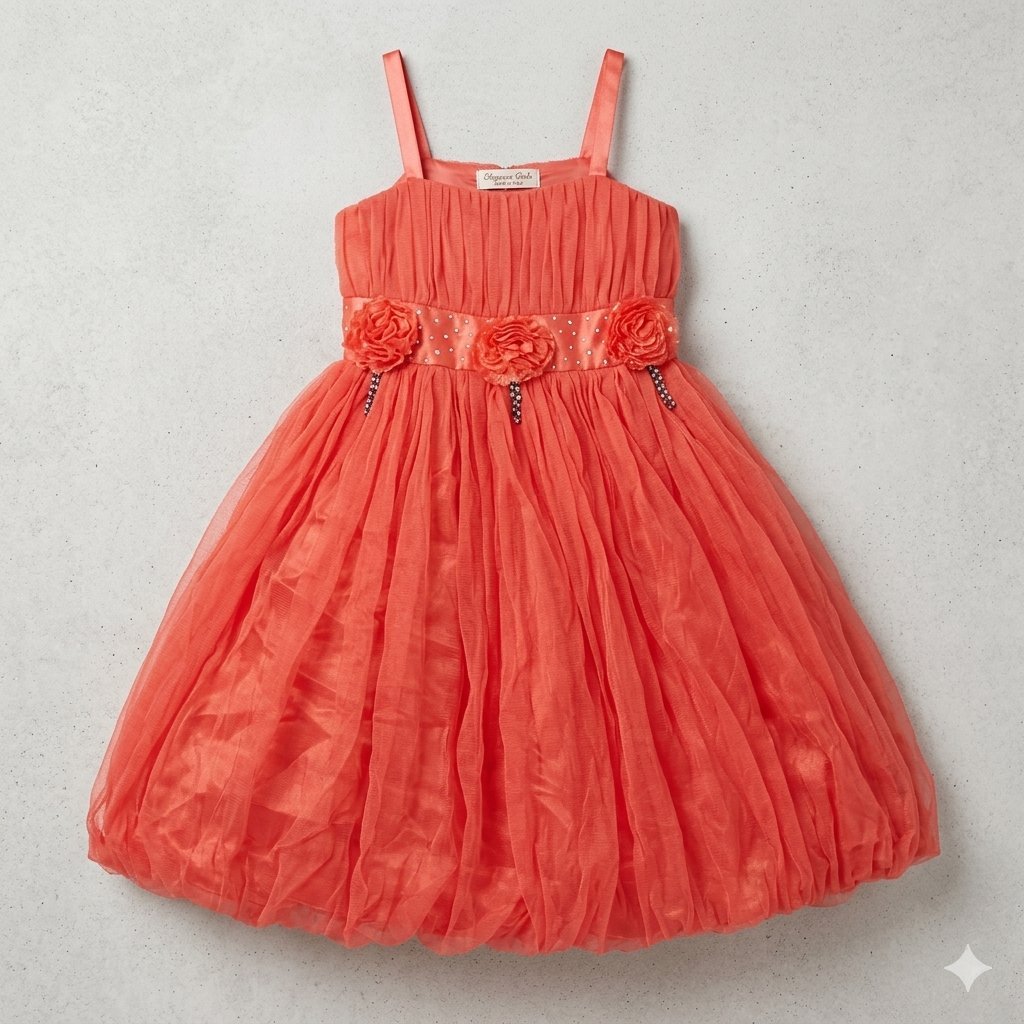 ​Robe de soirée corail Elde 11 ans avec fleurs et strass 🌸✨