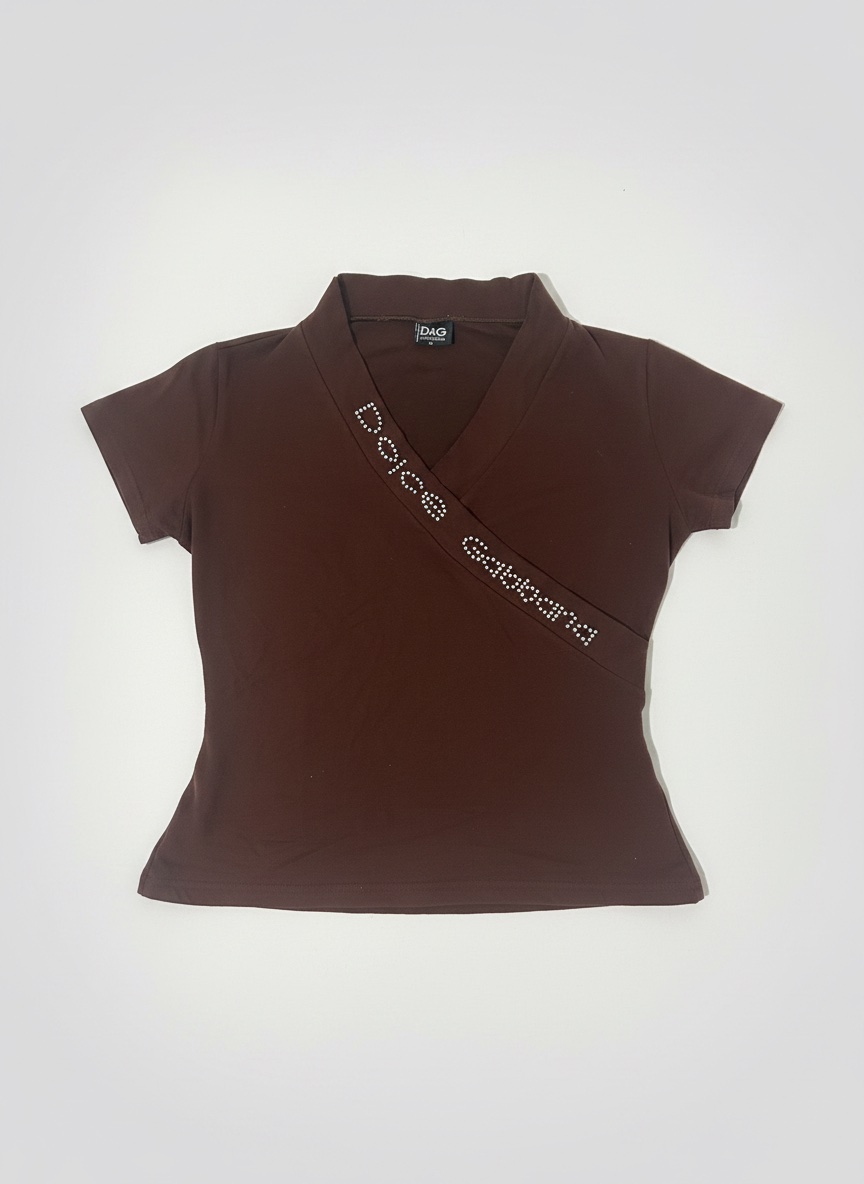 Y2K Vintage Dolce & Gabbana Rhinestone Wrap Top - Chocolate Brown 